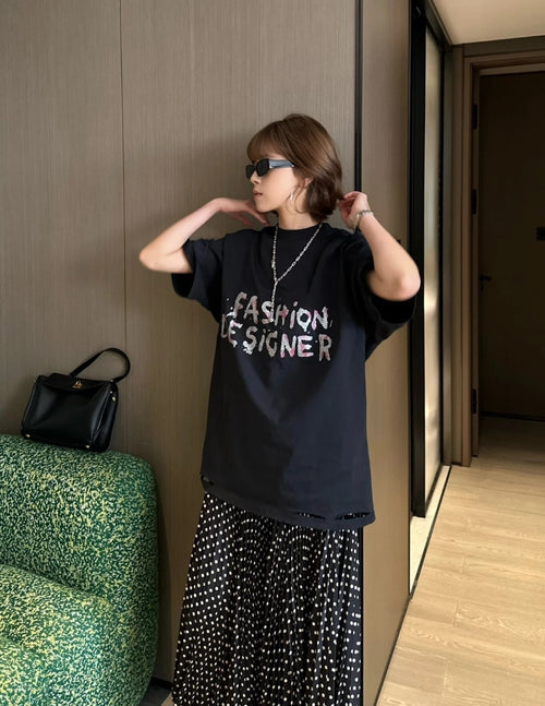 Balenciaga Glitter Print Distressed Cotton T-Shirt