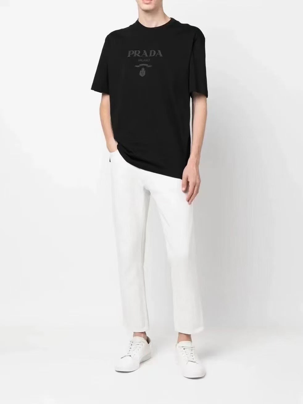 Prada Solid Color Embossed Crew Neck Short-Sleeve T-Shirt