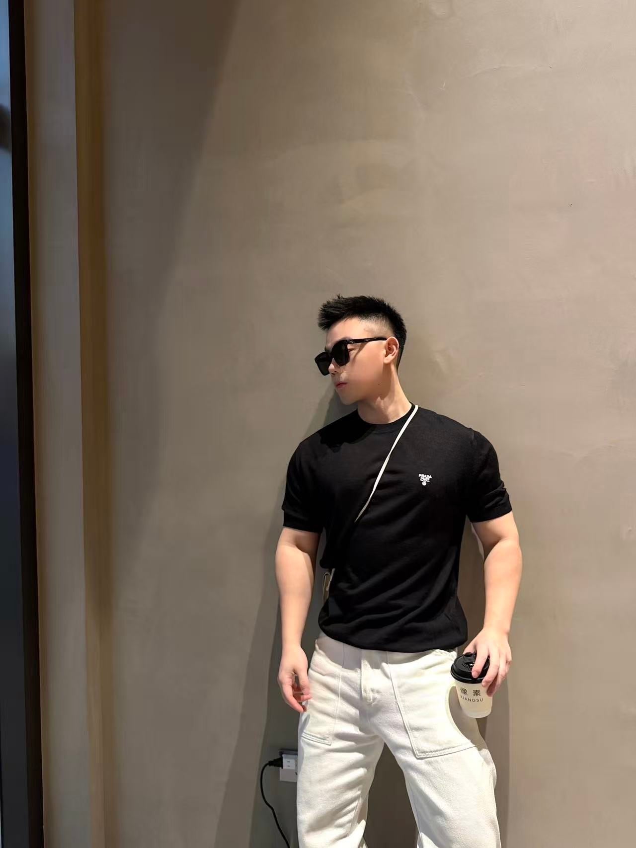 Prada Classic Logo Embroidered Wool Crew Neck Short-Sleeve T-Shirt