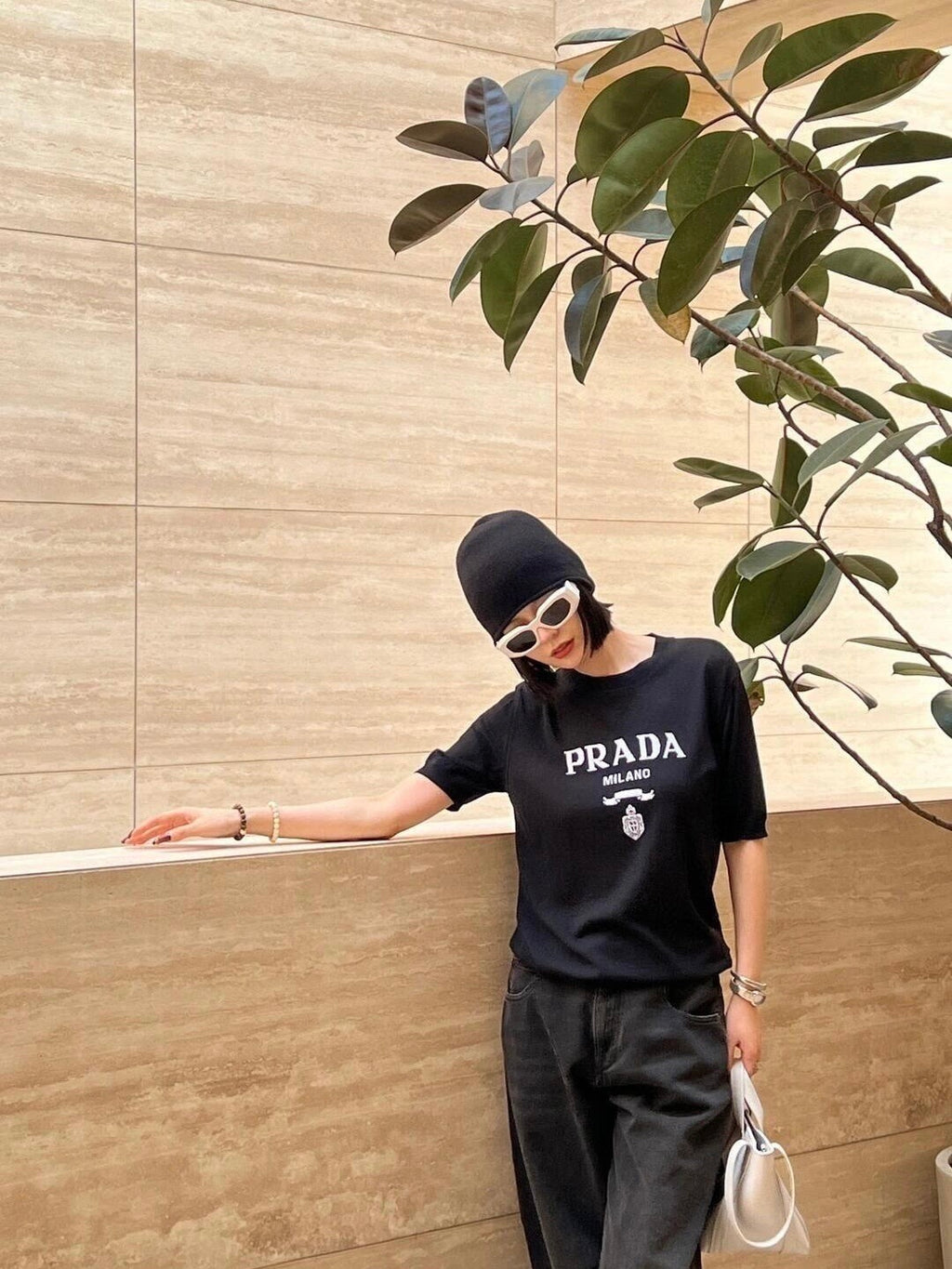 Prada Classic Logo Jacquard Wool Crew Neck Short-Sleeve T-Shirt