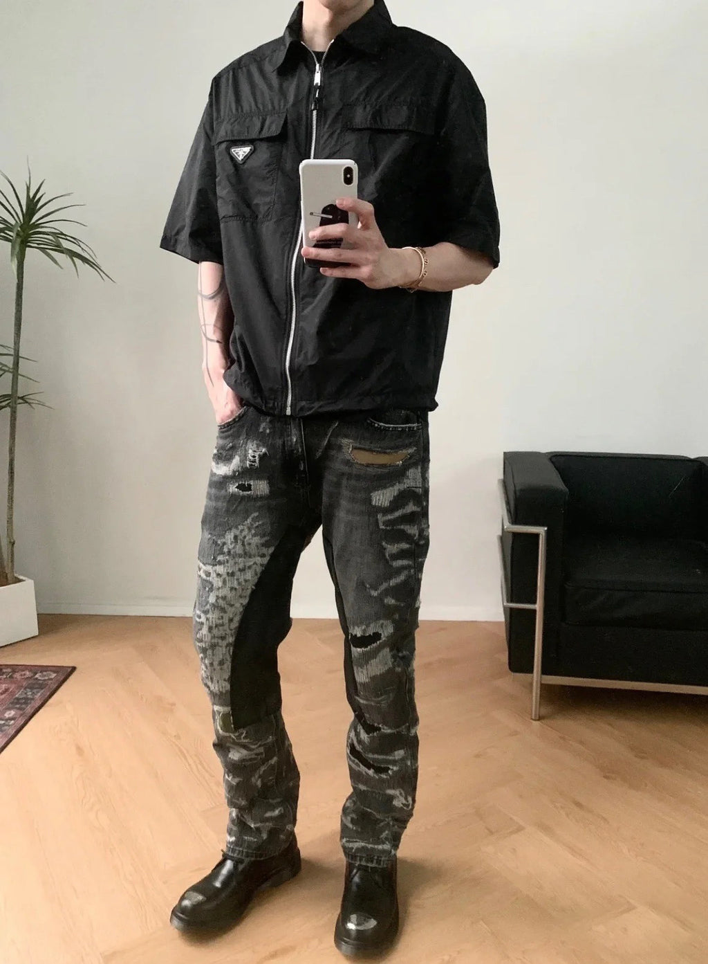 Prada Metal Triangle Logo Zipper Short-Sleeve Shirt