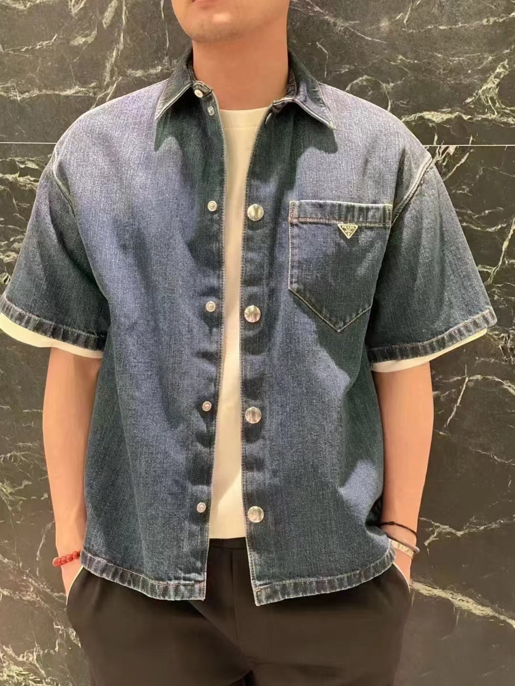 Prada Classic Solid Color Logo Denim Short-Sleeve Shirt