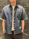 Prada Classic Solid Color Logo Denim Short-Sleeve Shirt