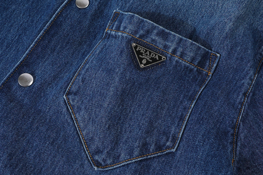 Prada Classic Solid Color Logo Denim Short-Sleeve Shirt