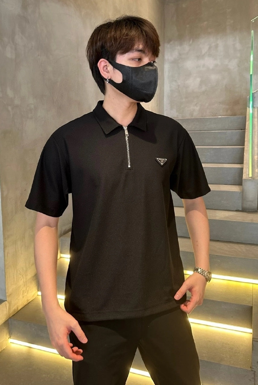 Prada Beaded Fabric Zip-Detail Short-Sleeve Top