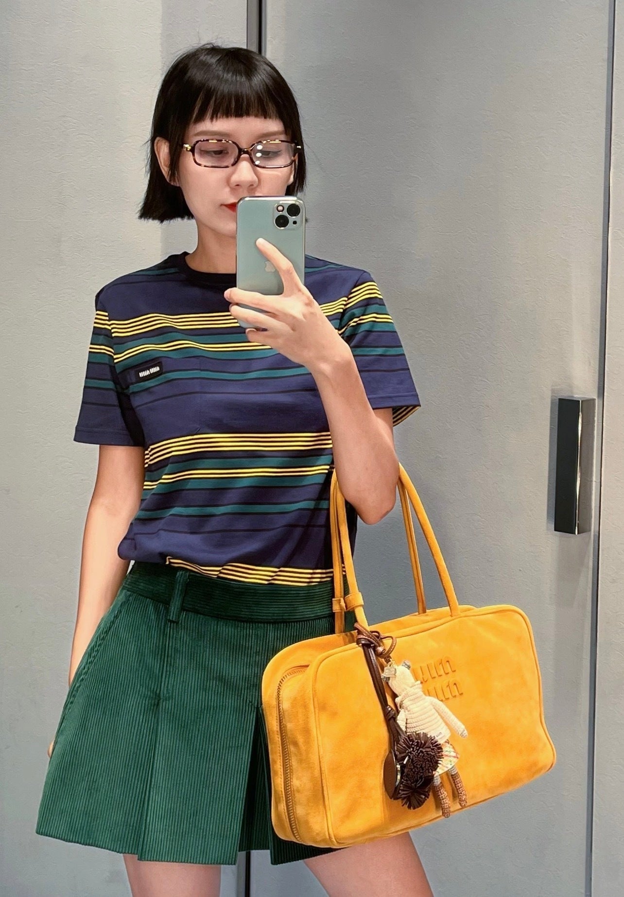 Miu Miu FW25 Yellow-Green Striped Short-Sleeve T-Shirt
