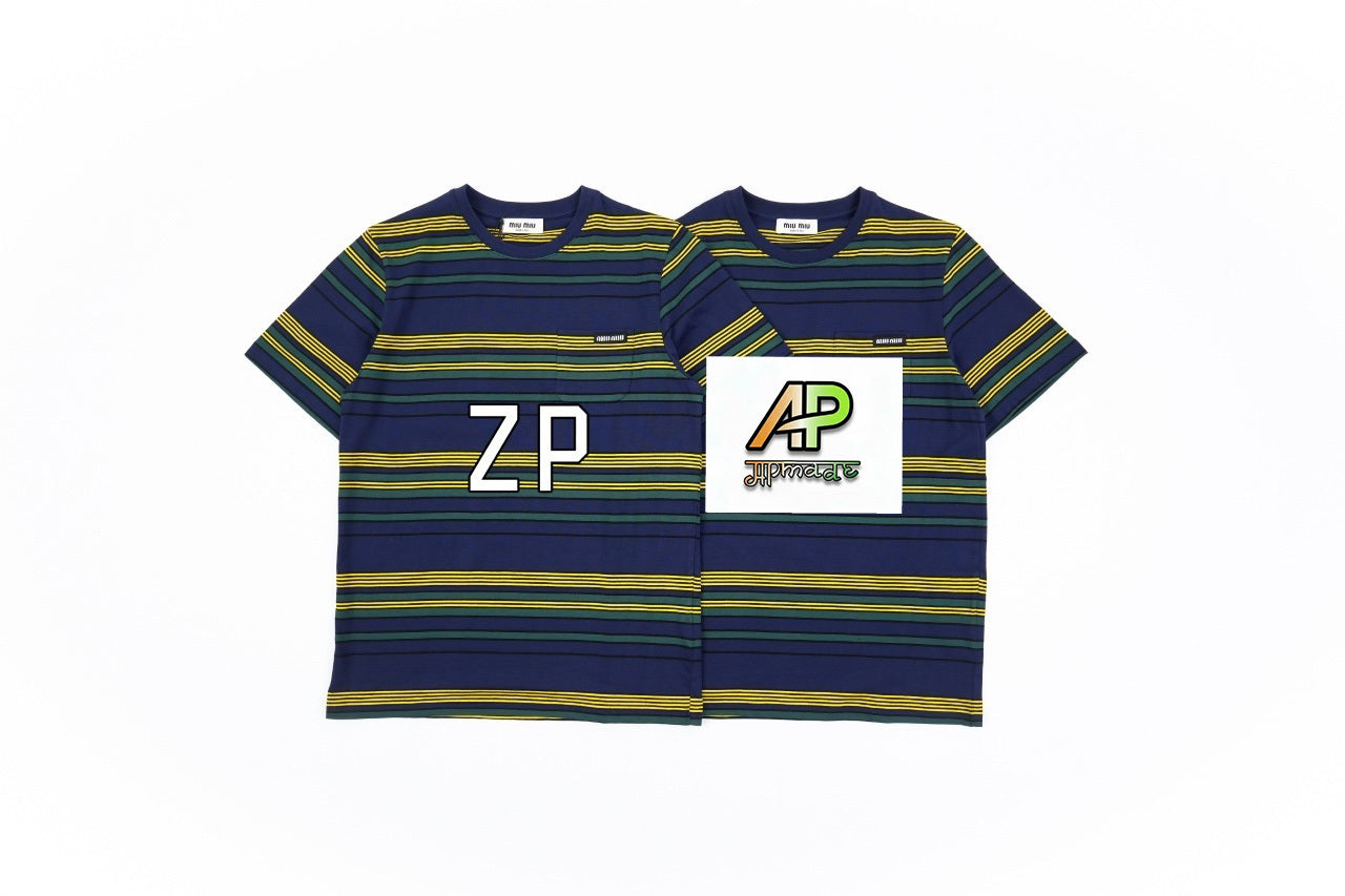 Miu Miu FW25 Yellow-Green Striped Short-Sleeve T-Shirt
