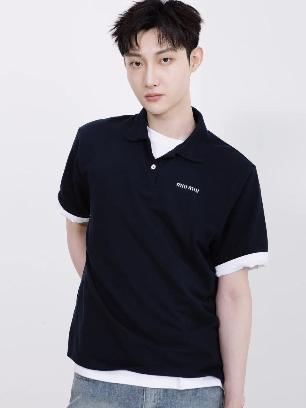 Miu Miu Micro-Logo Embroidery Patchwork Polo Shirt