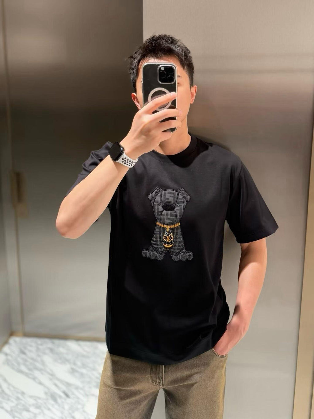 Fendi Puppy Appliqué Embroidered Short-Sleeve T-Shirt