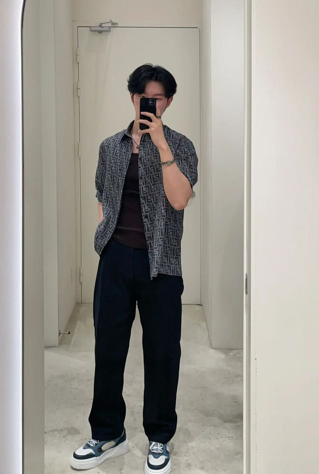 Fendi FF Monogram Denim Short-Sleeve Shirt