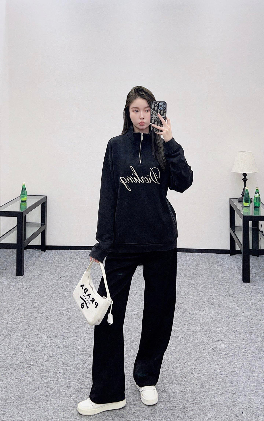 Dior 25SS Flocked Print Half-Zip Stand-Collar Sweatshirt