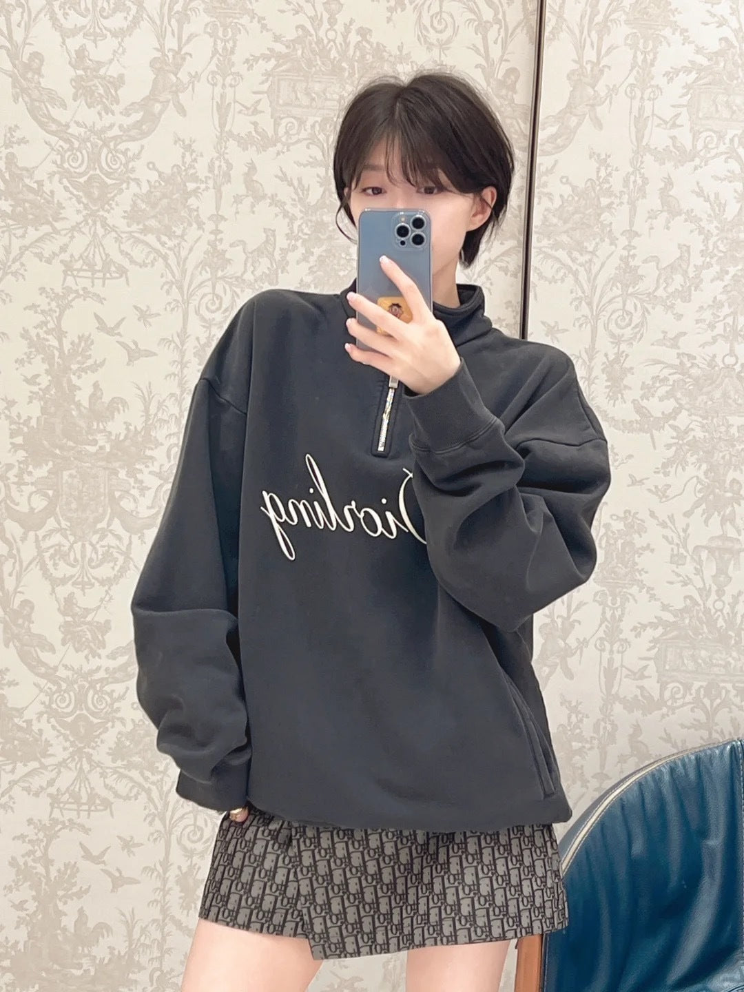 Dior 25SS Flocked Print Half-Zip Stand-Collar Sweatshirt