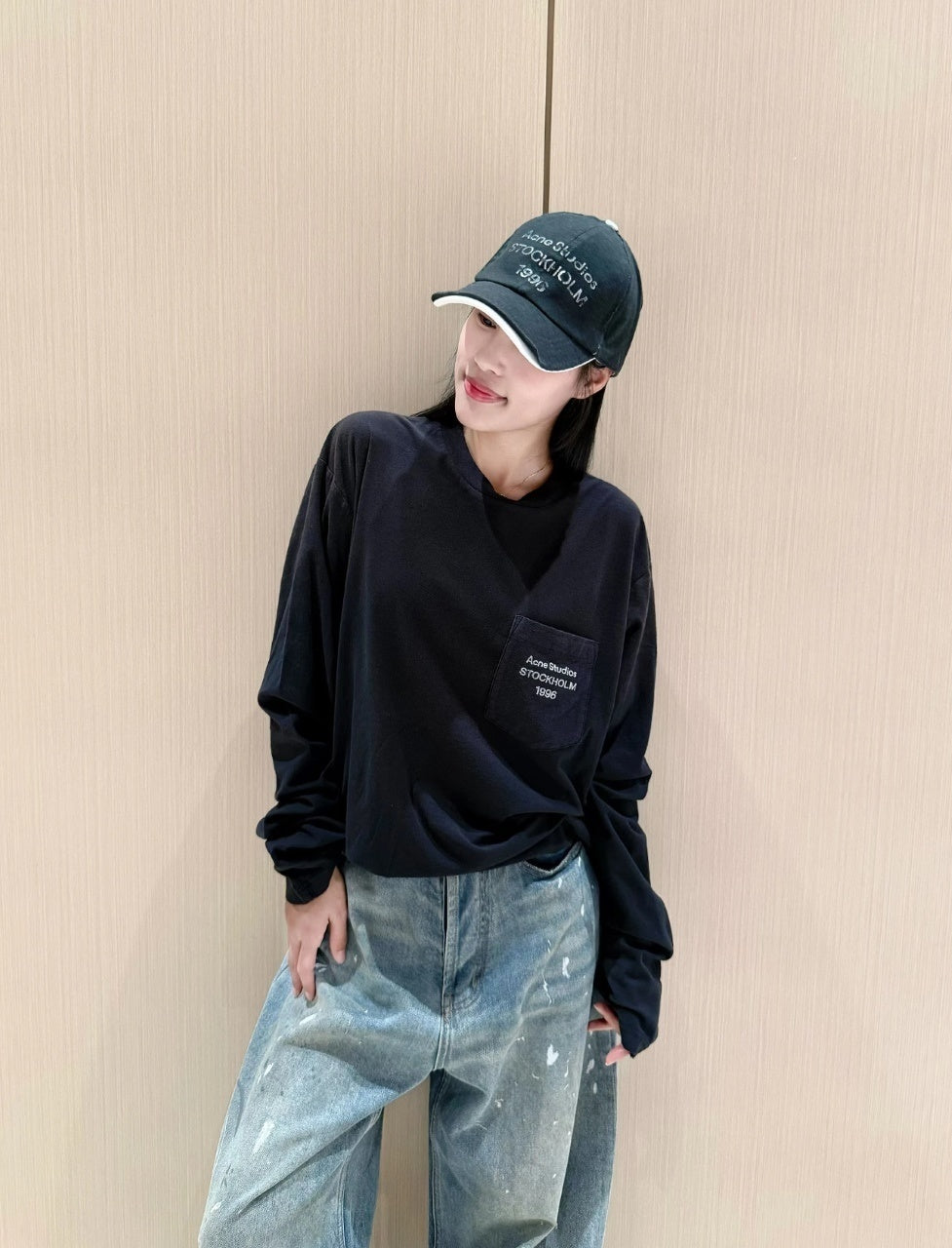 Acne Studios Pocket Letter Print Long Sleeve T-Shirt