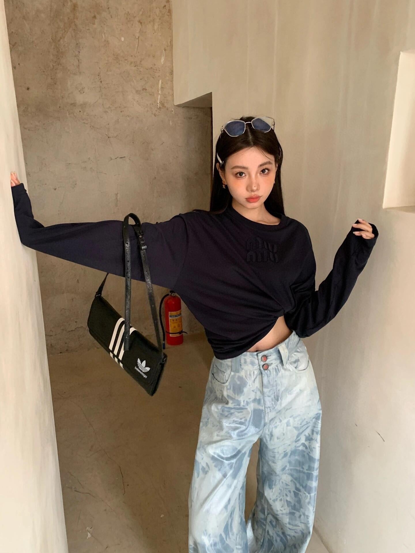 Miu Miu Embroidered Flower Logo Long Sleeve T-Shirt