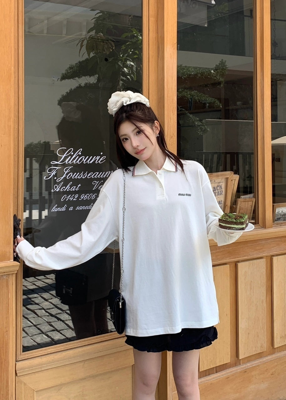 Miu Miu Solid Color Embroidered Logo Long Sleeve Polo