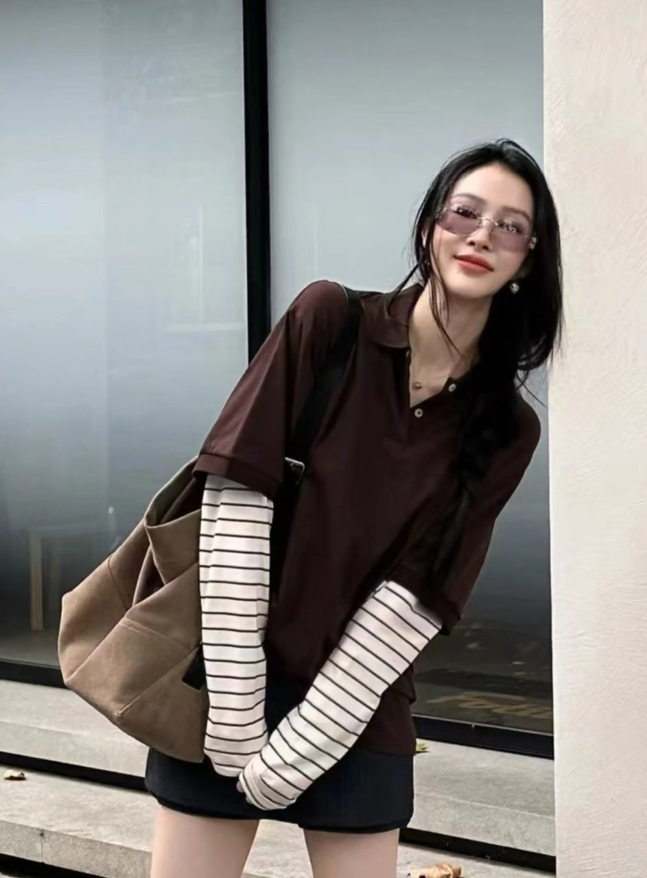 Miu Miu Brown Striped Long Sleeve Polo