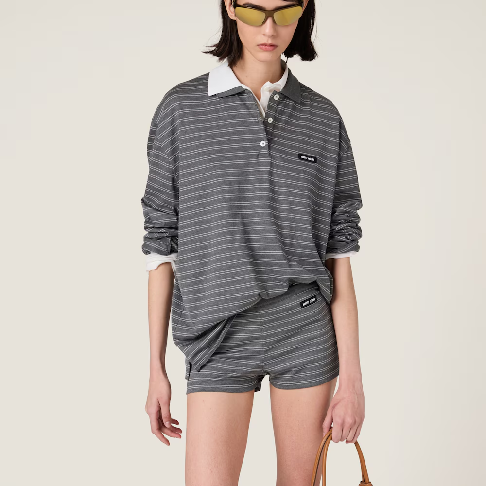 Miu Miu Striped Logo Lapel Polo T-Shirt