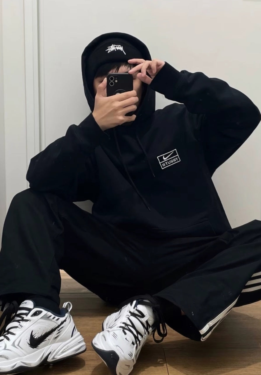 Nike x Stussy 23SS Solid Color Embroidered Logo Hooded Fleece Sweatshirt
