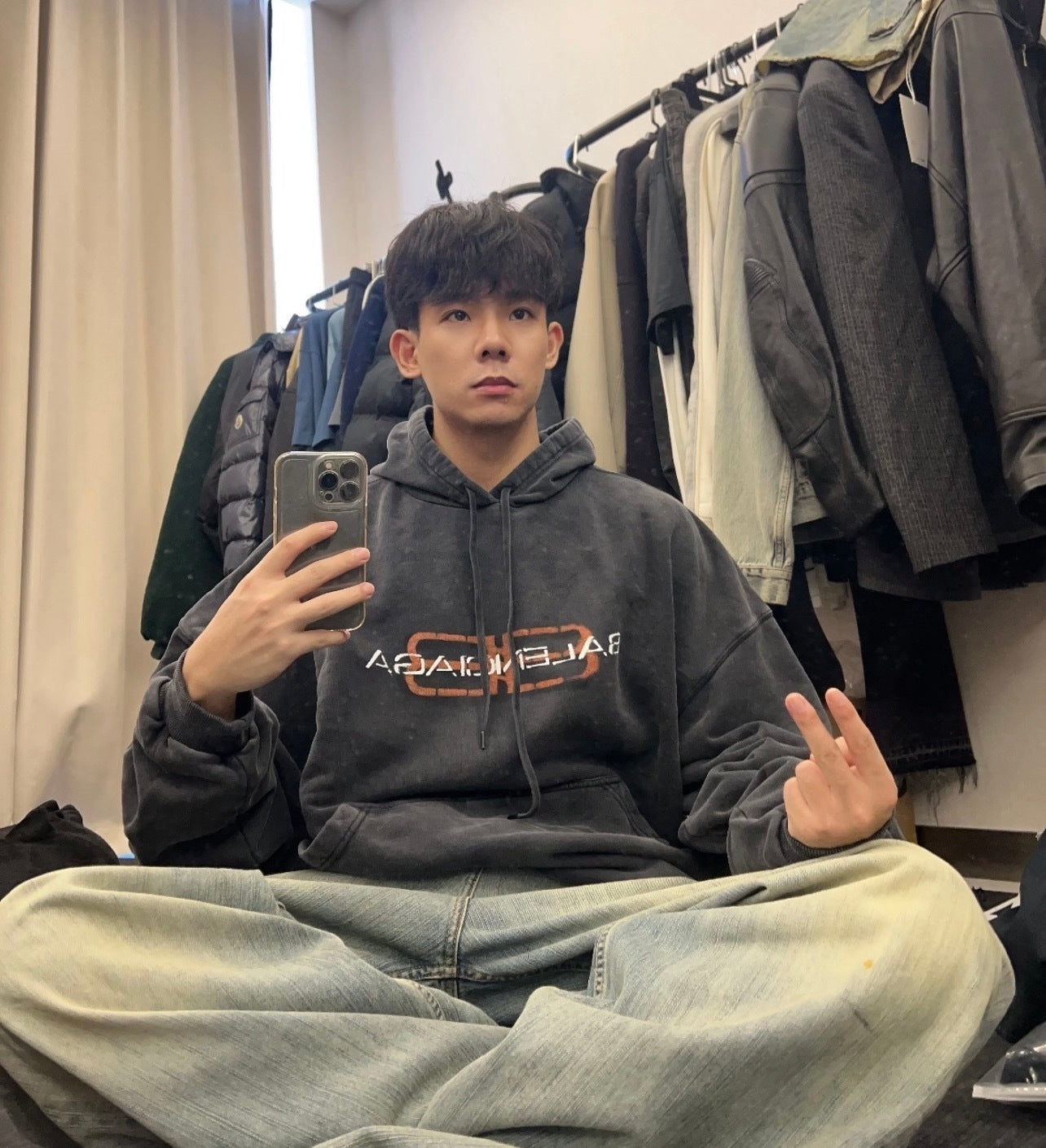 Balenciaga Mottled Muddy Dye Double B Print Hoodie