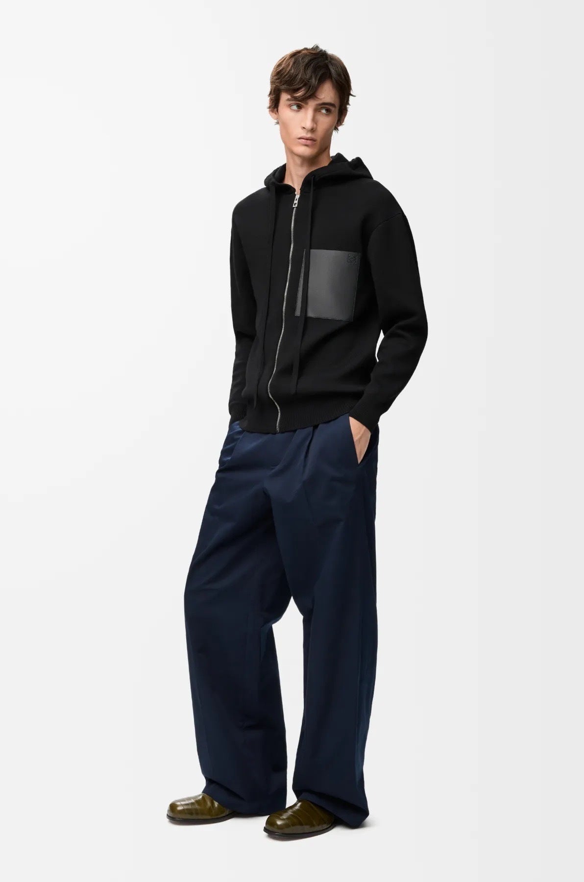 Loewe Leather Label Pocket Knitted Zip-up Hoodie