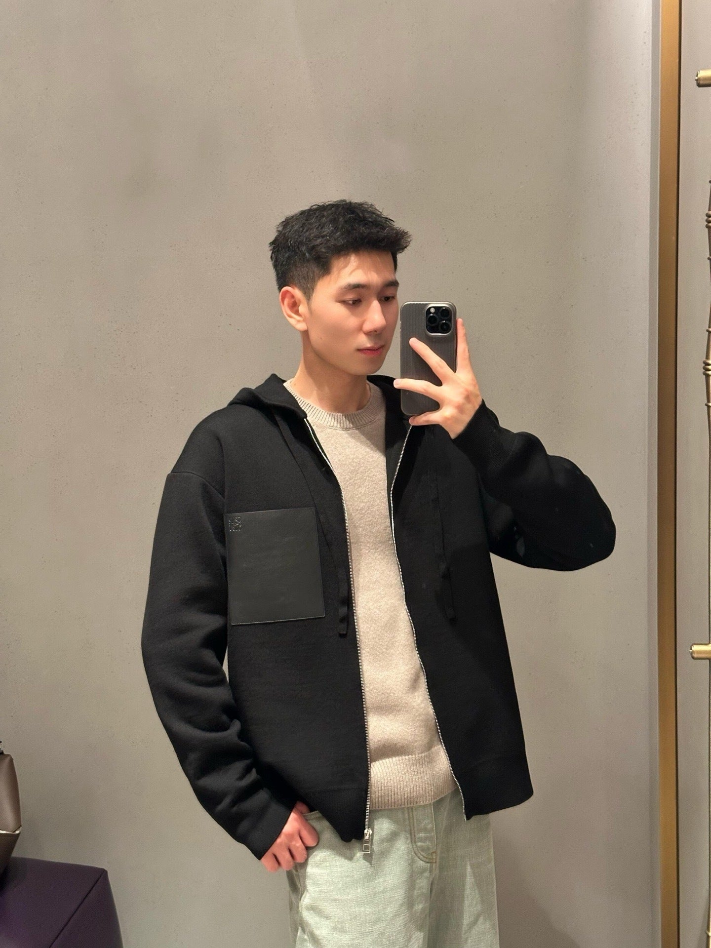 Loewe Leather Label Pocket Knitted Zip-up Hoodie