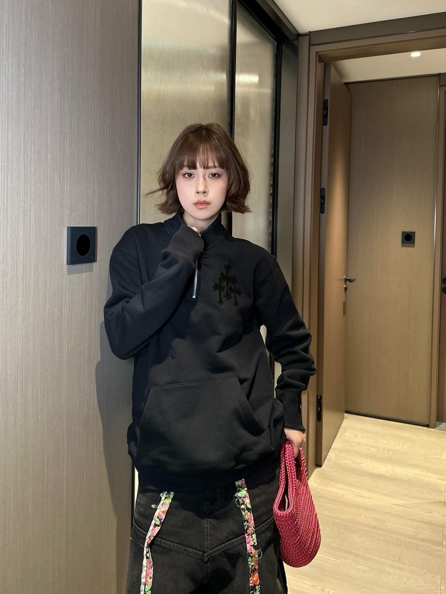 Chrome Hearts 25SS Leather Cross-Panel Half-Zip Long-Sleeve Sweatshirt