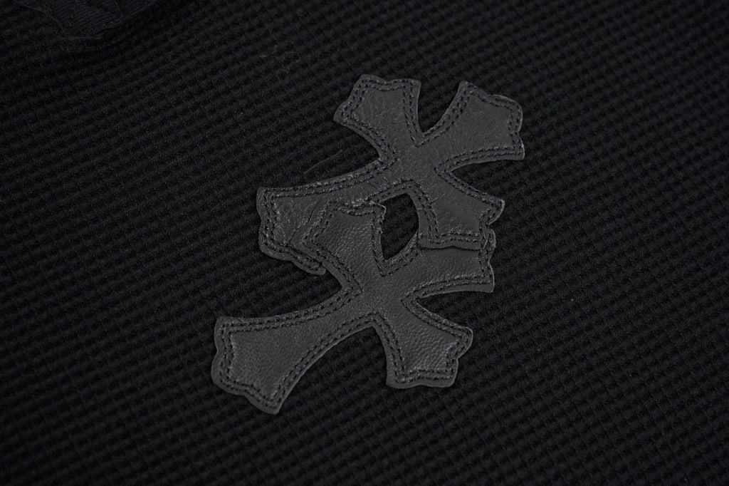 Chrome Hearts Henley Collar Patchwork Leather Sweatshirt with Silver Buttons