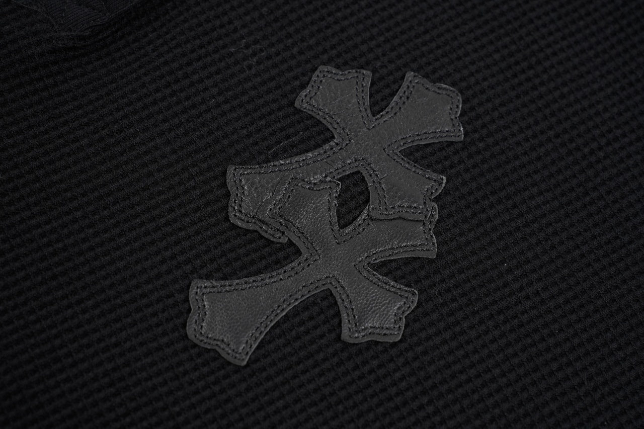 Chrome Hearts Henley Collar Patchwork Leather Sweatshirt with Silver Buttons