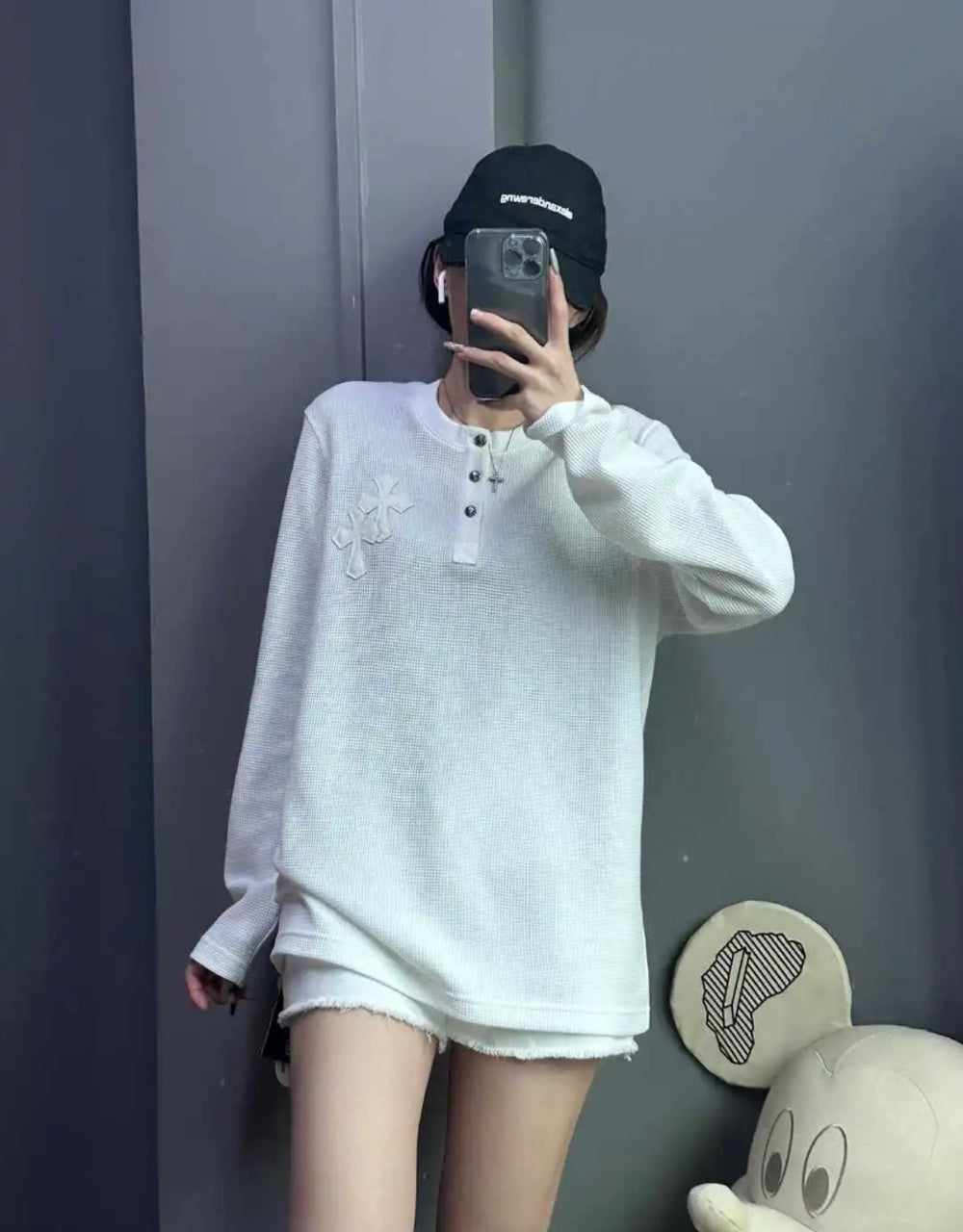 Chrome Hearts Henley Collar Patchwork Leather Sweatshirt with Silver Buttons