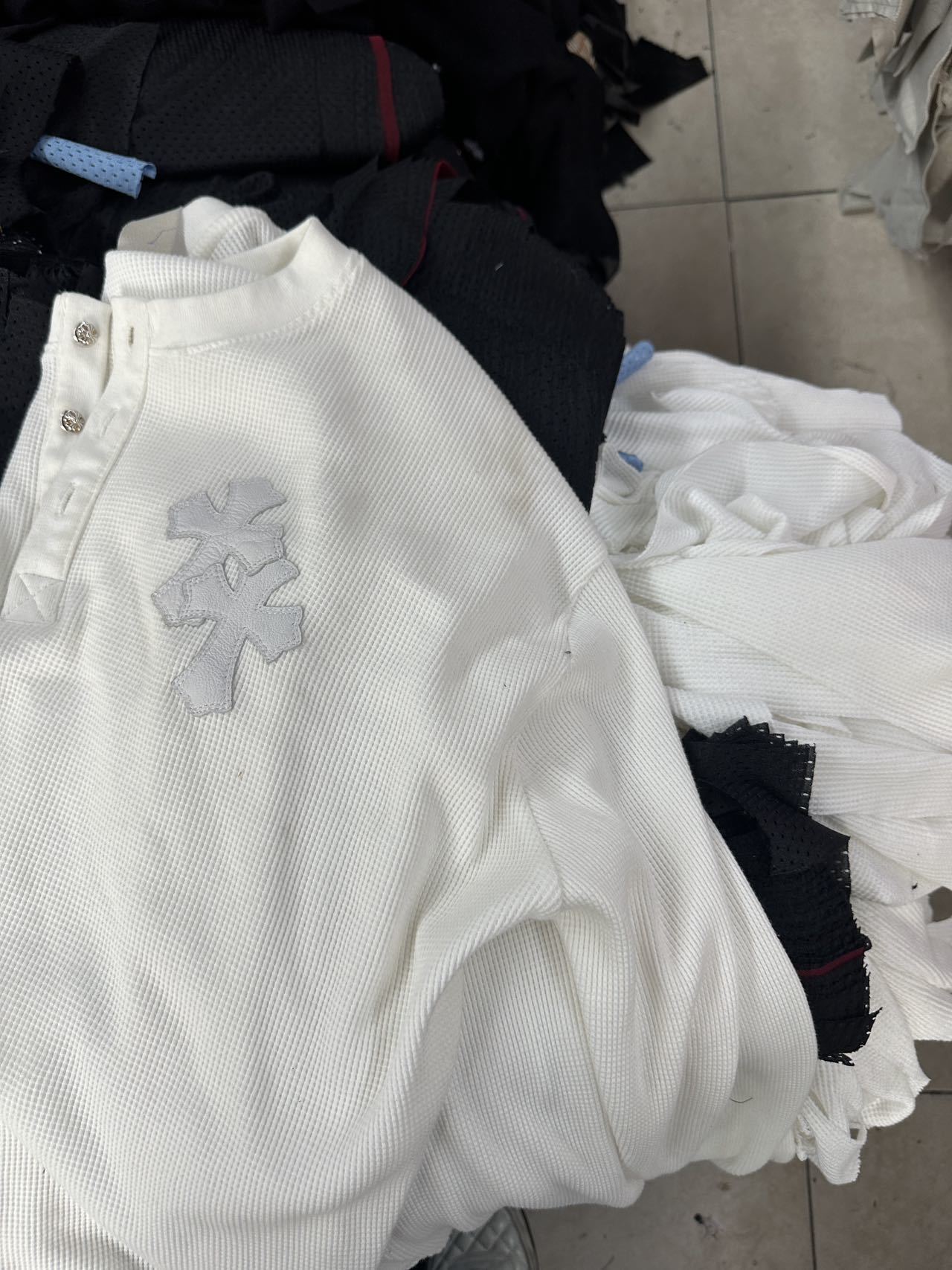 Chrome Hearts Henley Collar Patchwork Leather Sweatshirt with Silver Buttons