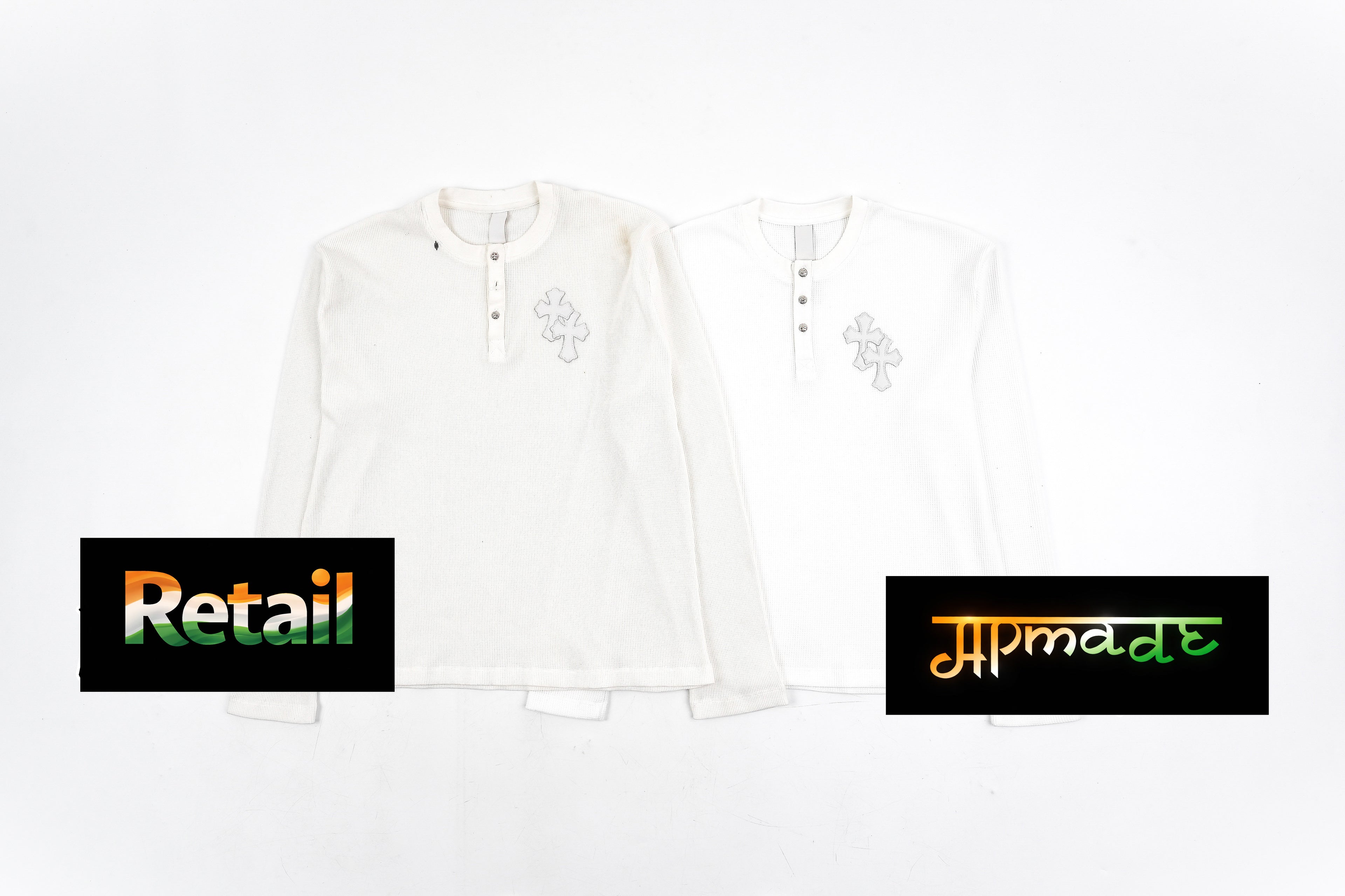 Chrome Hearts Henley Collar Patchwork Leather Sweatshirt with Silver Buttons