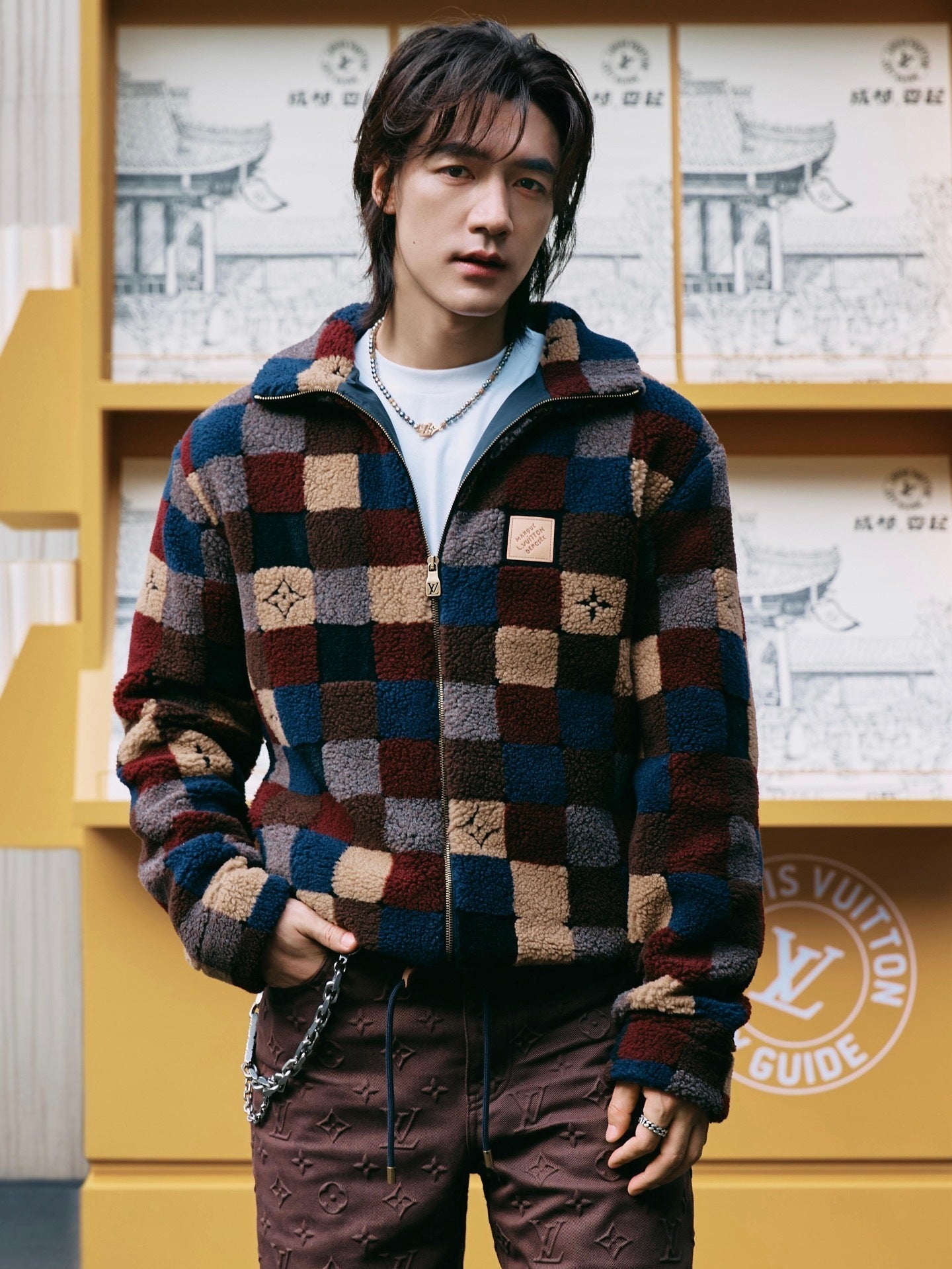 Louis Vuitton High-neck Jacquard Pattern Suede Belted Coat