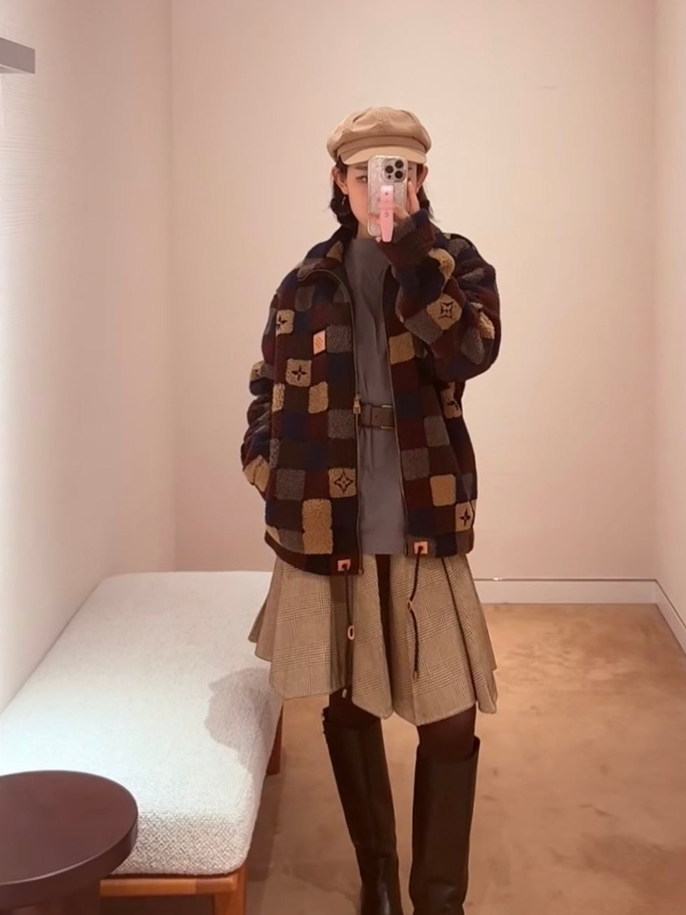 Louis Vuitton High-neck Jacquard Pattern Suede Belted Coat