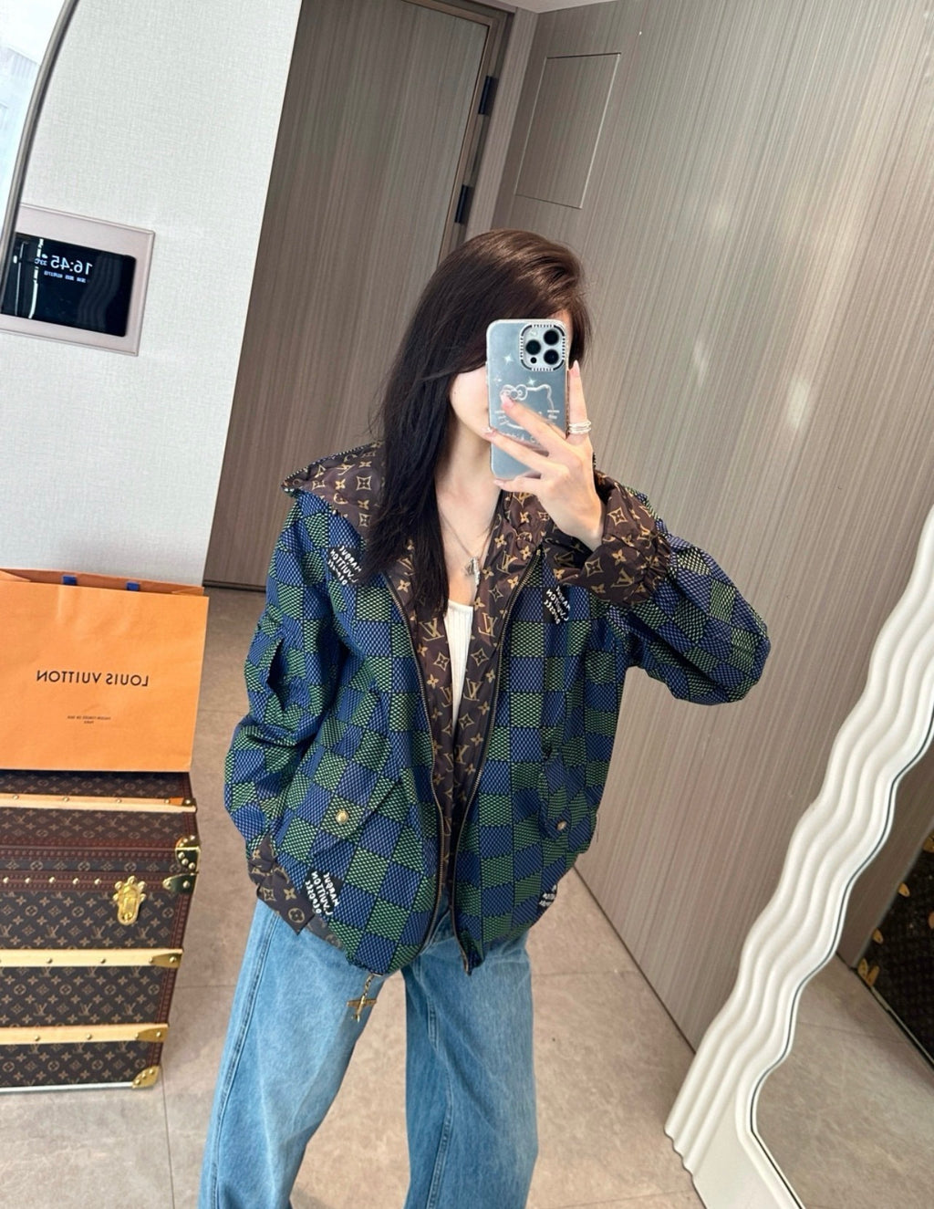 Louis Vuitton Green Checkered Reversible Hooded Jacket