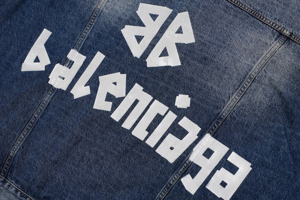Balenciaga Blue Denim Jacket with Silver Tape Print