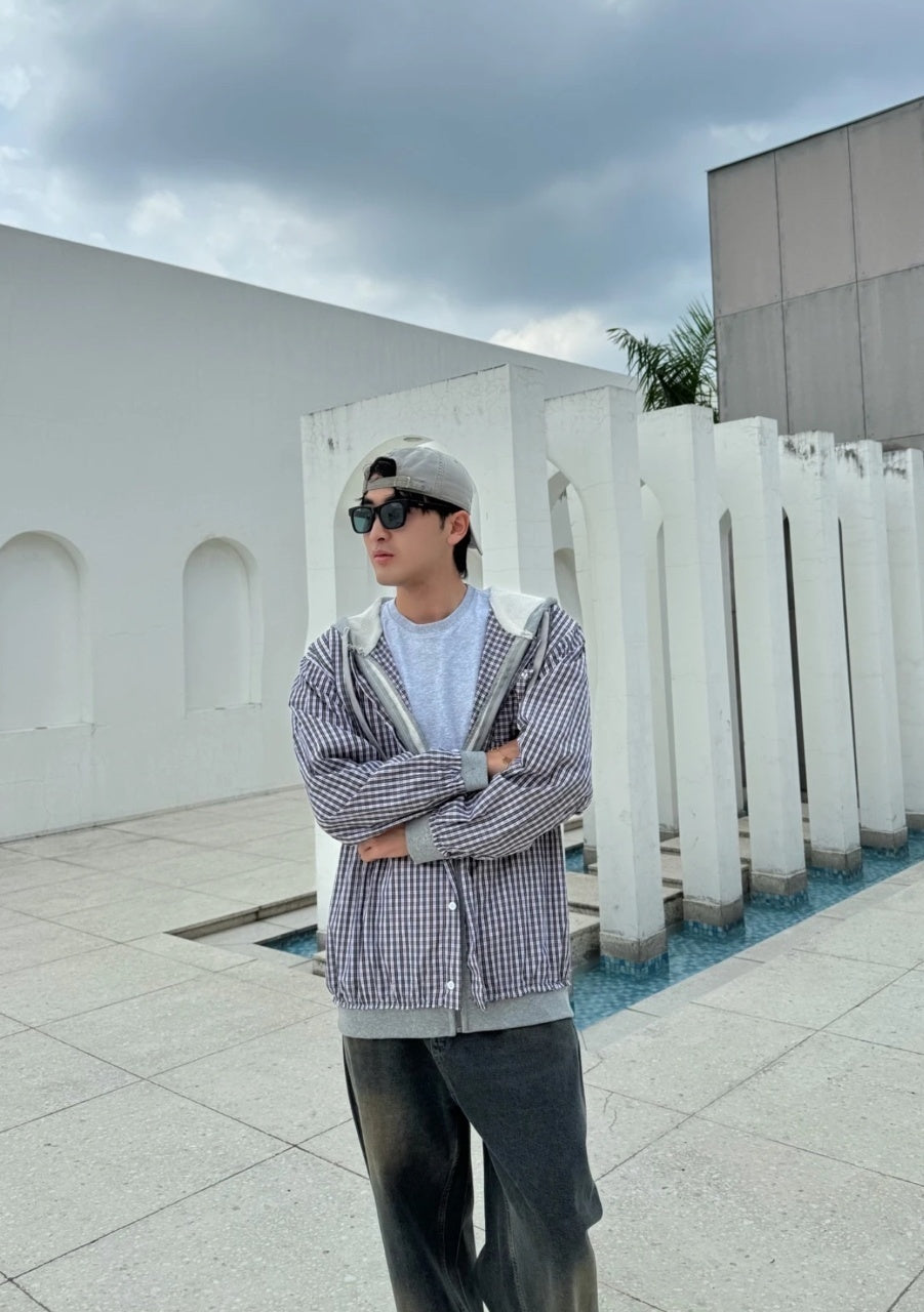 Balenciaga Paneled Plaid Hooded Jacket