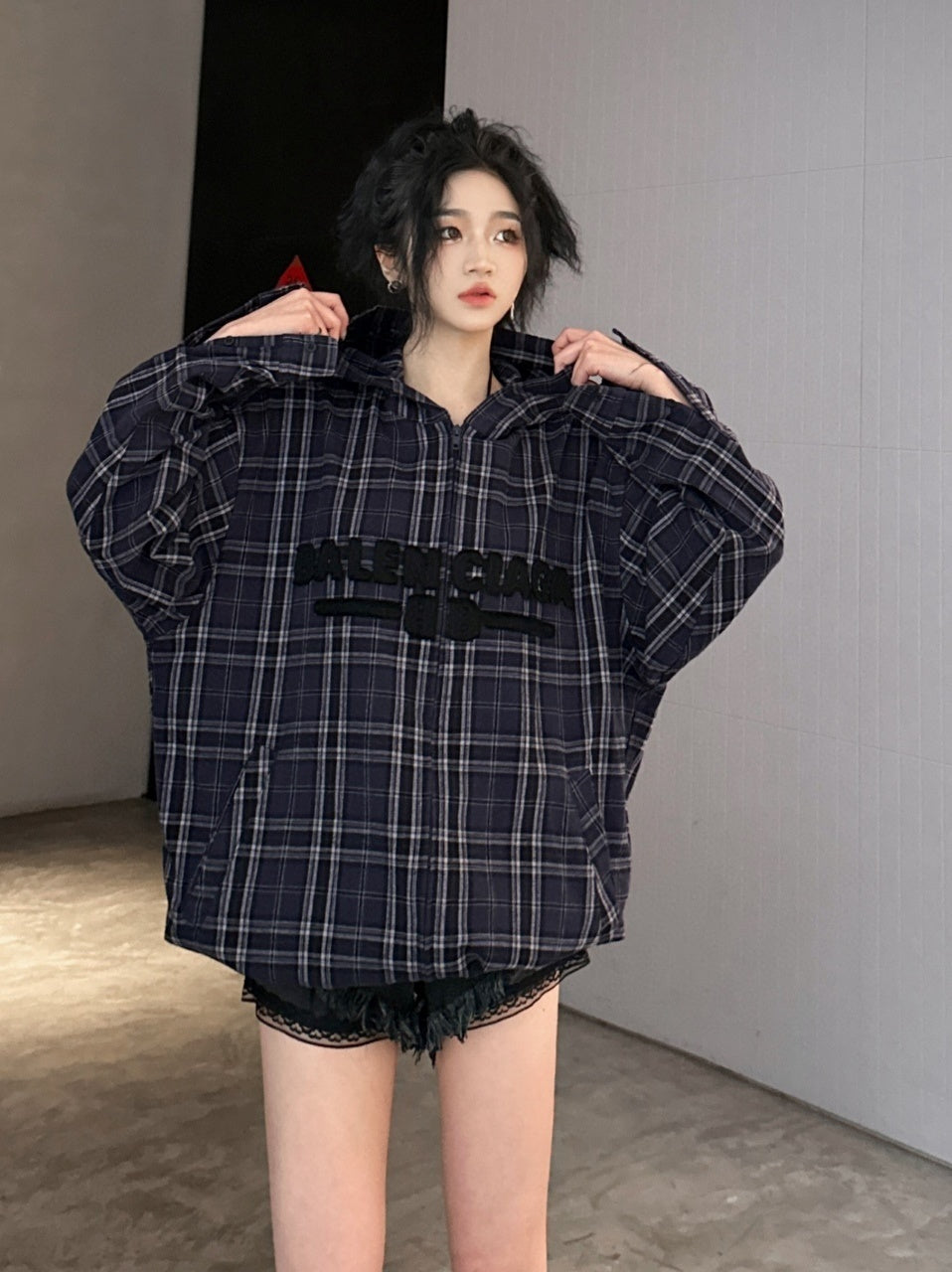Balenciaga Purple Plaid Zipper Hooded Jacket