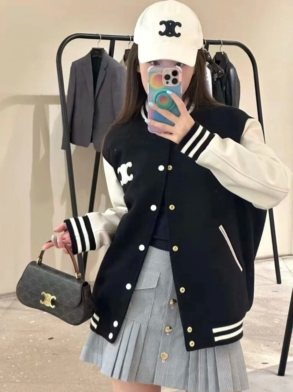 Celine Genuine Leather Letter Badge Baseball Jersey