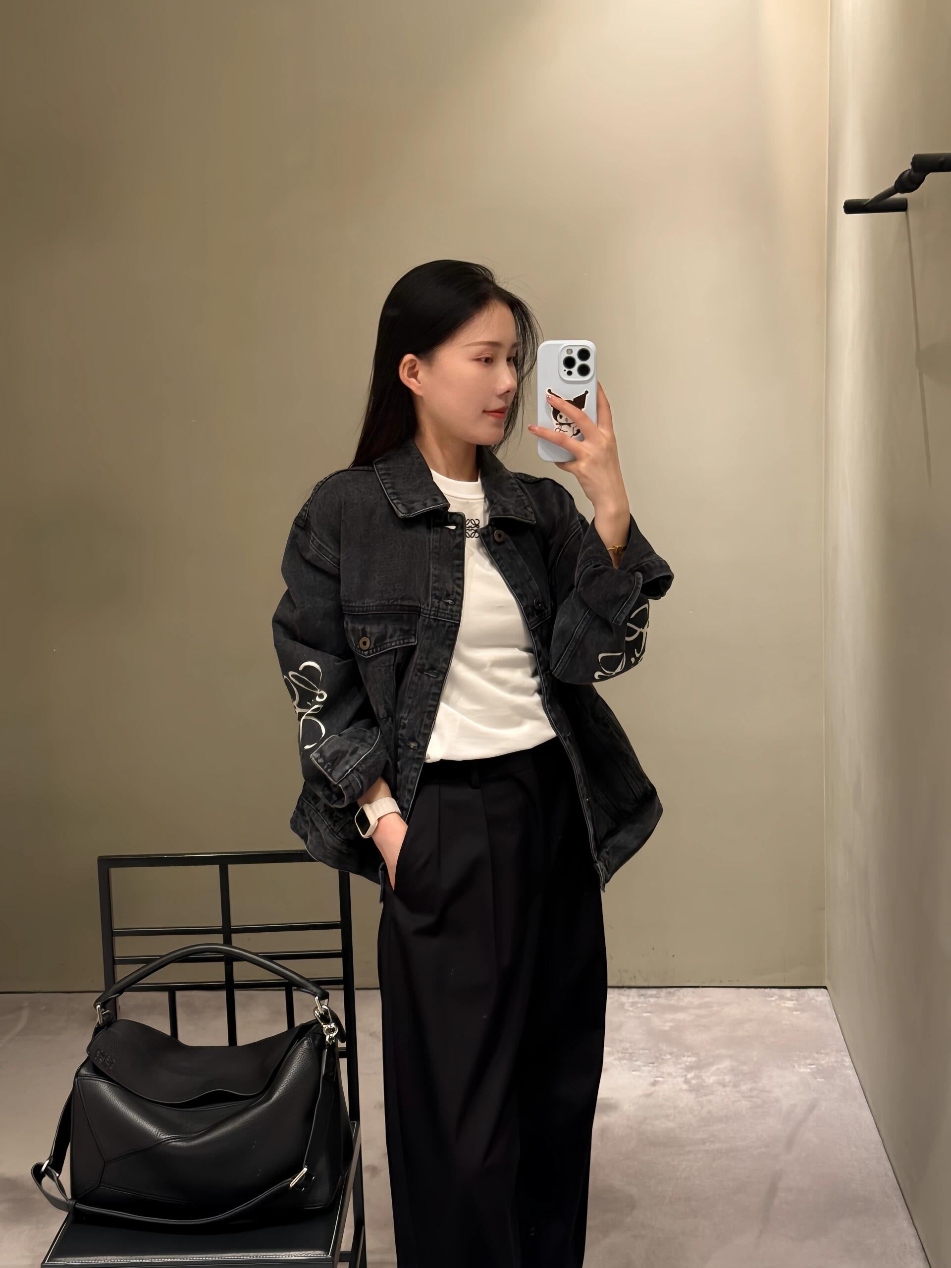 Loewe Laser Burnished Leather Logo Denim Jacket