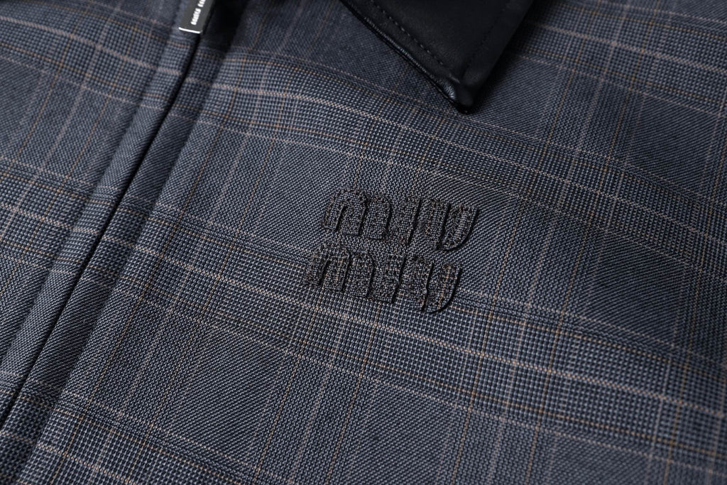 Miu Miu Collared Plaid Letter Embroidered Long-Sleeved Jacket