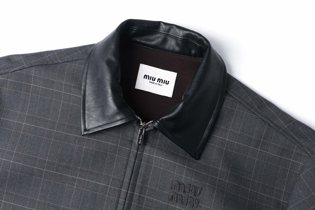 Miu Miu Collared Plaid Letter Embroidered Long-Sleeved Jacket