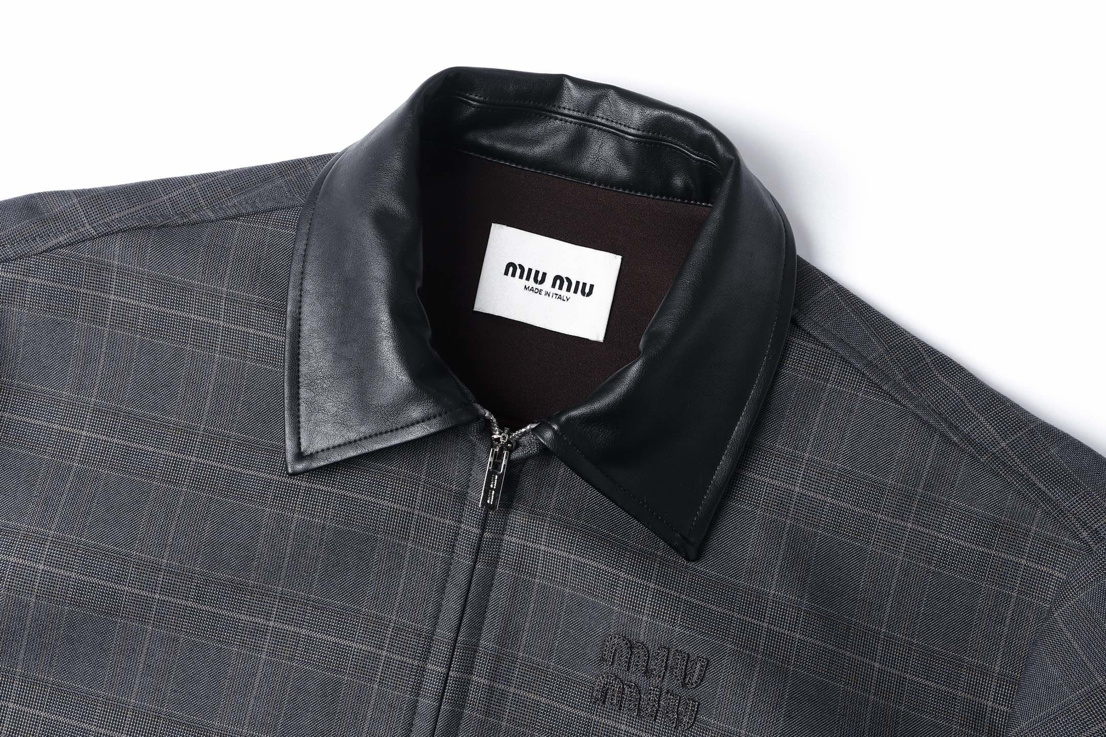 Miu Miu Collared Plaid Letter Embroidered Long-Sleeved Jacket