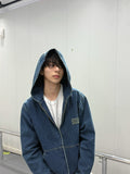 Miu Miu Hooded Embroidered Solid Color Zip-Up Denim Jacket
