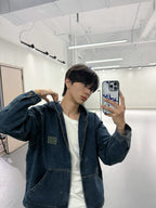 Miu Miu Hooded Embroidered Solid Color Zip-Up Denim Jacket