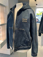 Miu Miu Hooded Embroidered Solid Color Zip-Up Denim Jacket