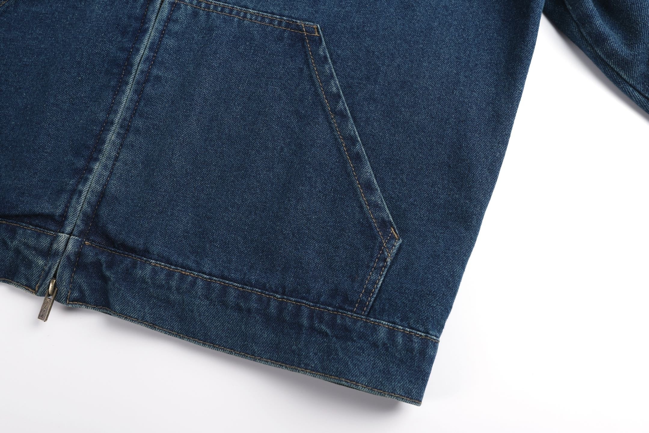 Miu Miu Hooded Embroidered Solid Color Zip-Up Denim Jacket