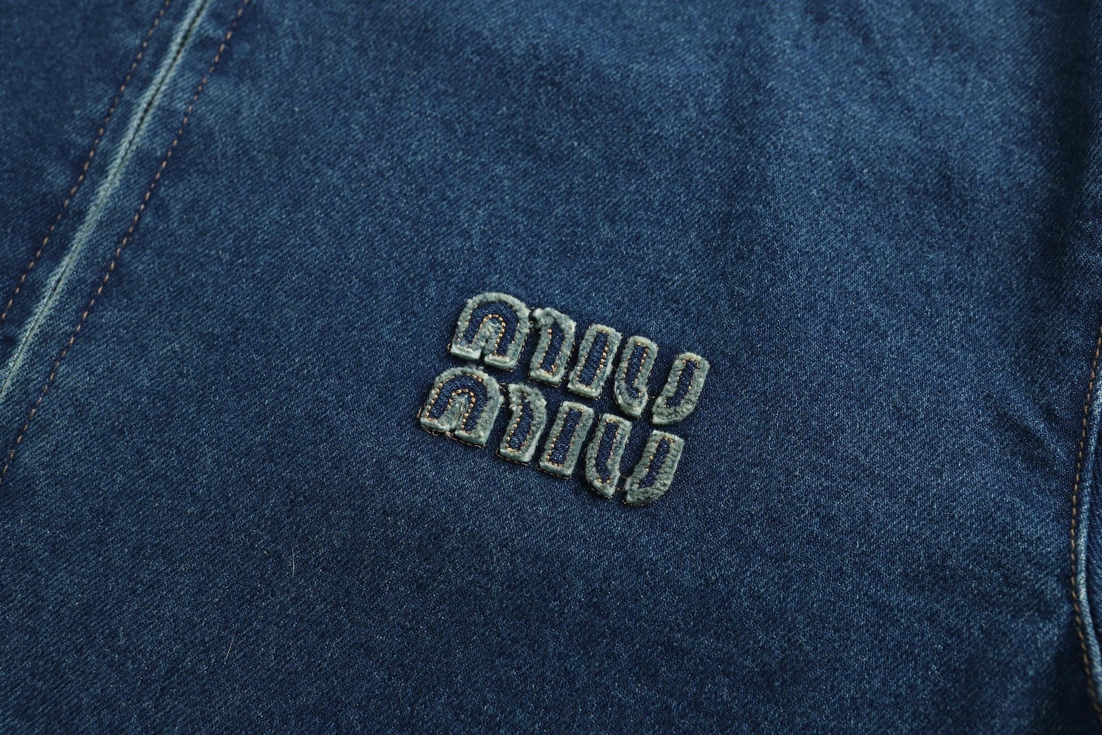 Miu Miu Hooded Embroidered Solid Color Zip-Up Denim Jacket