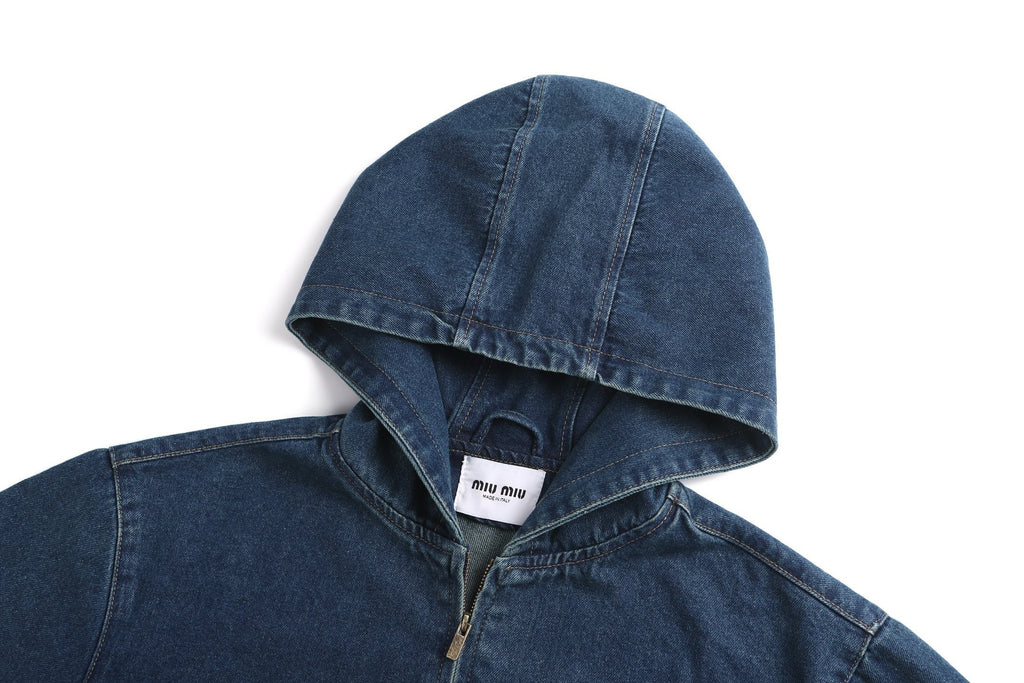 Miu Miu Hooded Embroidered Solid Color Zip-Up Denim Jacket
