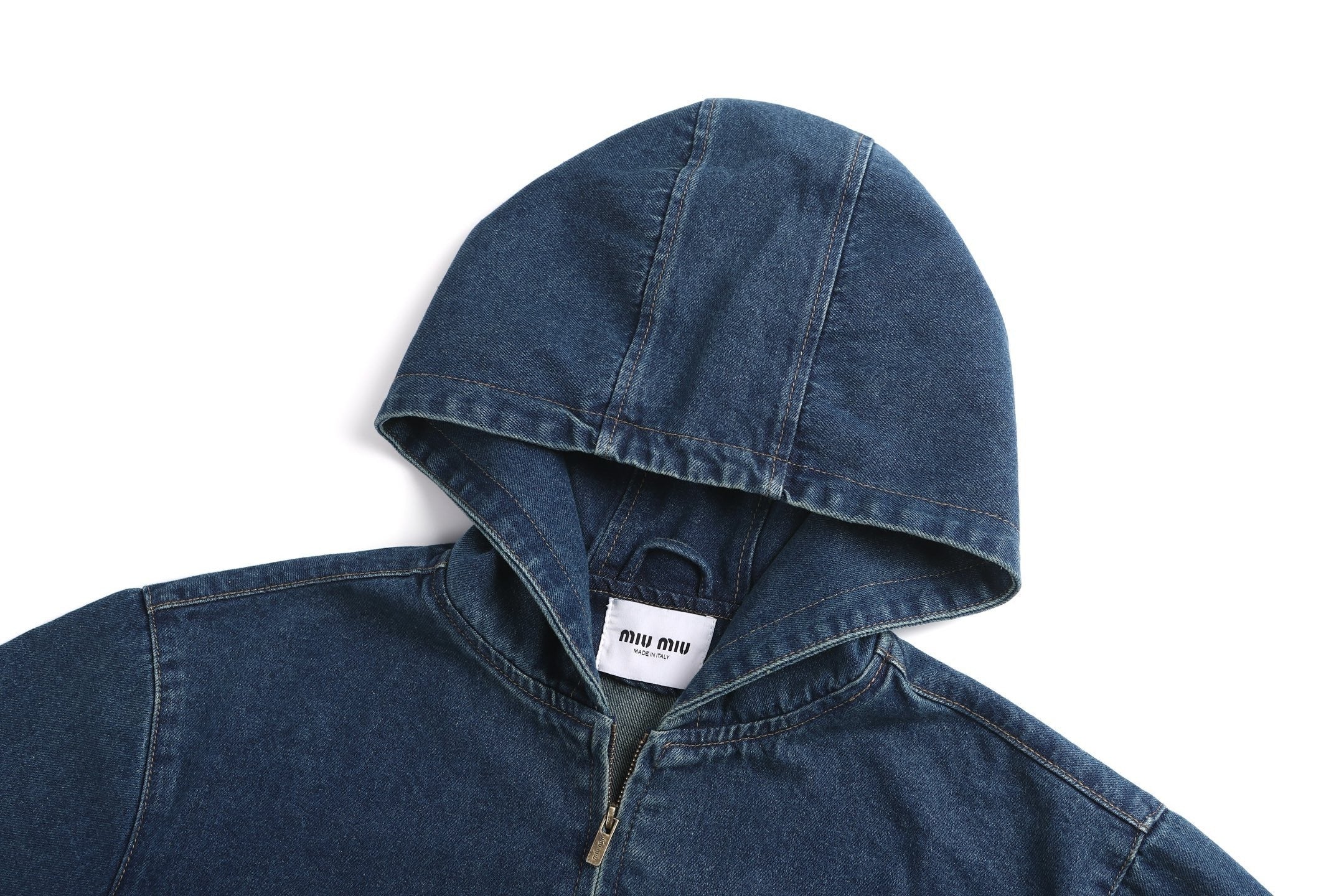 Miu Miu Hooded Embroidered Solid Color Zip-Up Denim Jacket