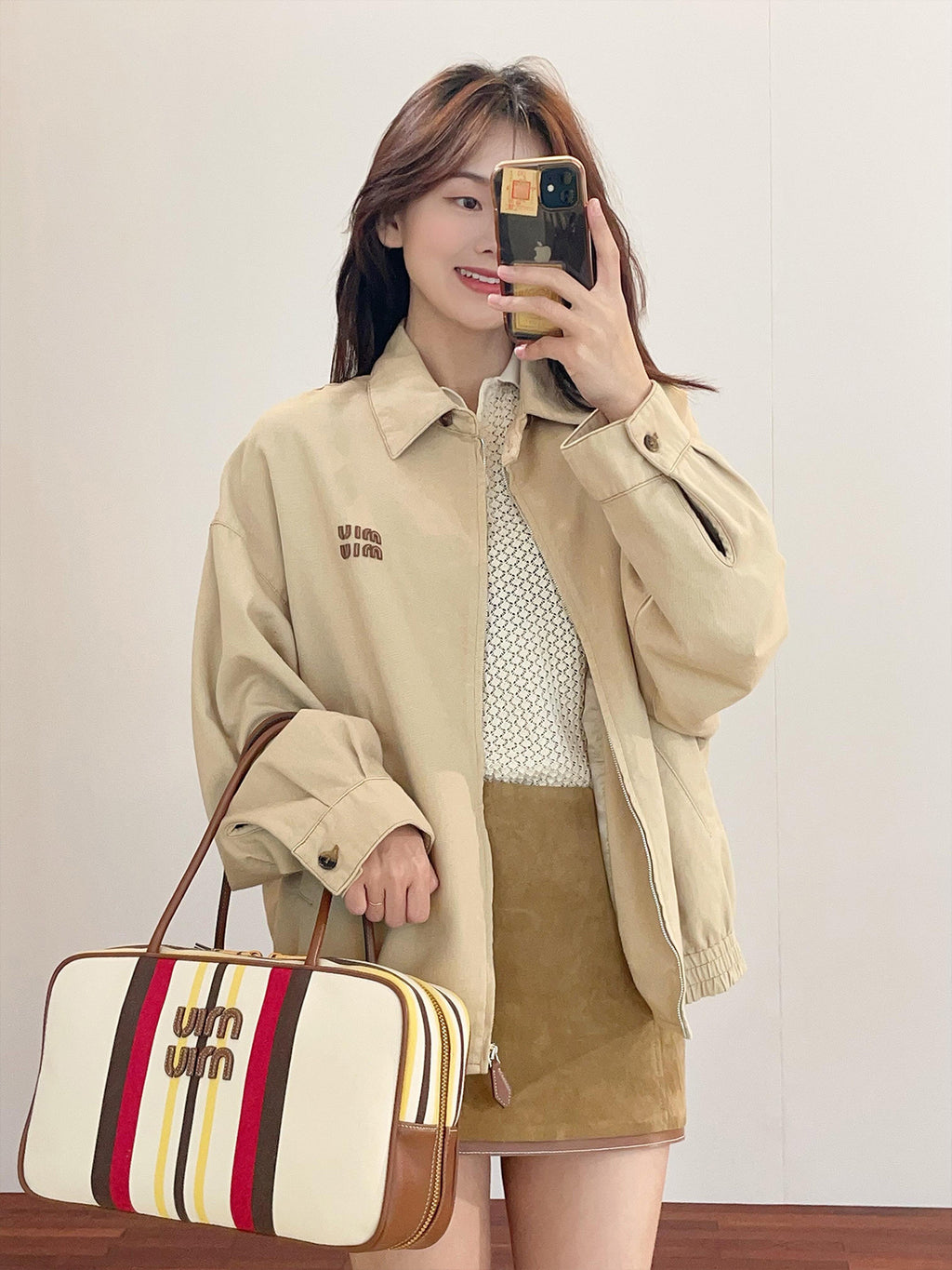 Miu Miu Solid Color Lapel Zip-Up Logo Long-Sleeved Jacket